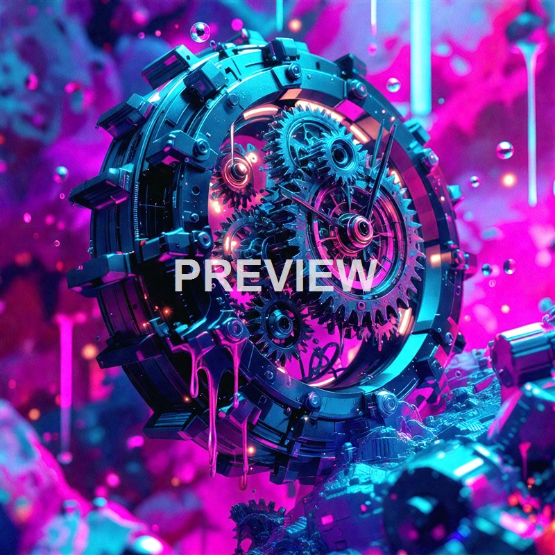 A futuristic, mechanical clock or gear system with intricate gears and cogs, set against a vibrant, pink and purple neon background with floating spheres.